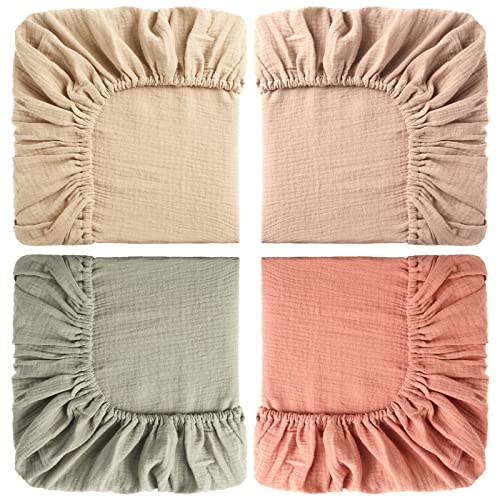 Image of Gerrii 4 Pcs Muslin Mini Crib Sheets 24 x 38 Inch Baby Crib Sheets Fitted Cozy Cotton Pack Breathable for Boys and Girls Toddler Bed Mattress(24 x 38 Inch,Natural Series Color)