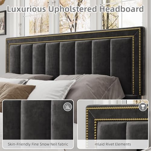 Image of BarnFurin Queen Size Bed Frame, 50 inch Tall Headboard & Footboard, Chenille Fabric Upholstered Bed with Vertical Tufting & Nailhead Trim, No Box Spring Required, Black