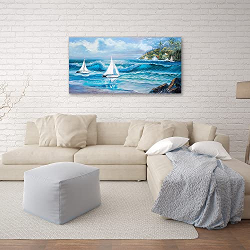 Canvas Wall Art For Living Room Abstract Seascape Beach Canvas Wall Art Blue Ocean Wall Art Sea Waves Canvas Picture Landscape Scenery Painting Nature Picture For Bedroom Bathroom Office Wall Decor #TOP4