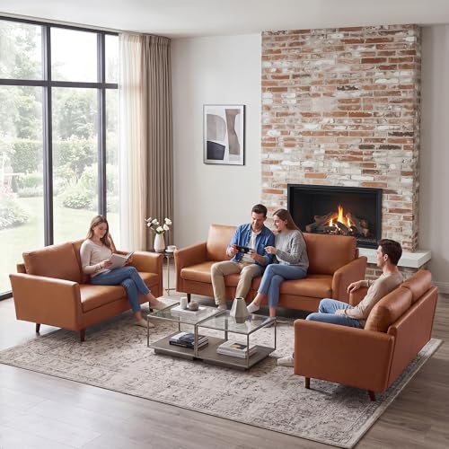 Image of Kingfun 3 Piece Living Room Furniture Sets, 3 Seater Couch and 2 Loveseat, Faux Leather Couch Set, Mid Century Modern Sofa Set with Solid Wood Frame for Living Room, Office, Mid Brown
