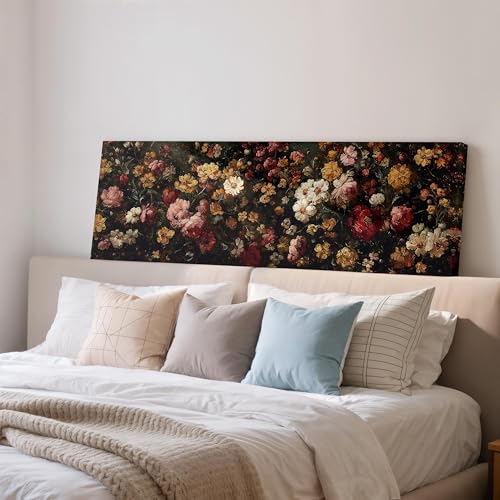 Tableau fleurs sauvages denses panoramique 45x135cm style jardin pour salon