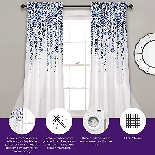 Lush Decor Weeping Flowers Darkening Window Curtains Panel Set For Living, Dining Room, Bedroom (Pair), 52"W X 84"L, Navy & Blue #TOP1