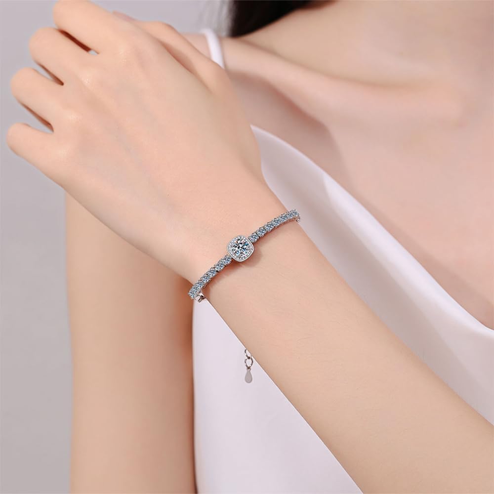 14K White Gold Over S925 Sterling Silver 2.4ct VS1 D-color Round/Square Cut Diamond Adjustable Bracelet for Women, Simple and Stylish Design with Full Shinning Gemstone Encrusted Detail