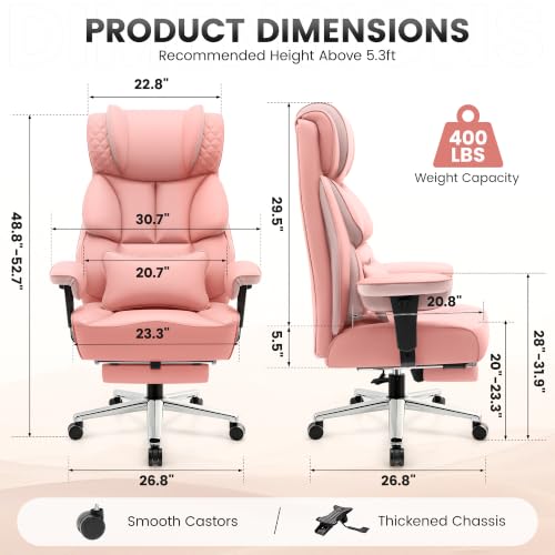 Image of BestGlory Office Desk Chair, Big and Tall Leather Gaming Chair with Footrest, Ergonomic Comfy Executive High-Back Reclining Computer Chairs, Wide Swivel Rolling Wheels and Padded Lumbar Support, Pink