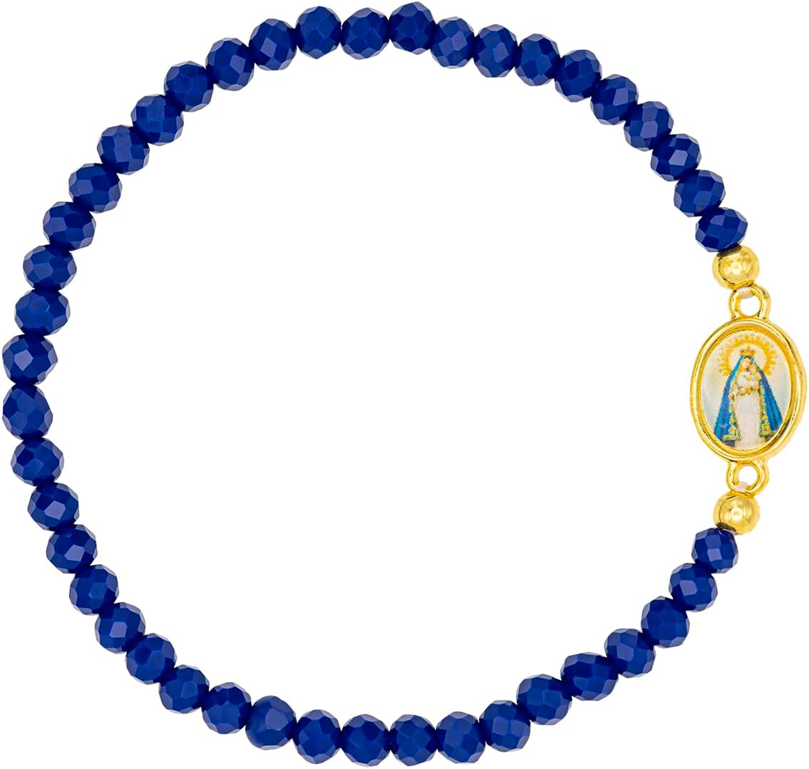 Catholic Town elastic Bracelet with Virgen de la Caridad del Cobre medal and 4mm beads (Available colors: Blue, Brown, Clear, Red, White, Yellow)