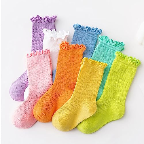 Girls Spring And Summer Mid Thigh Socks Solid Color Mesh Breathable Combed Cotton Ruffle Cute (Mint Green, 6-8 Years)3
