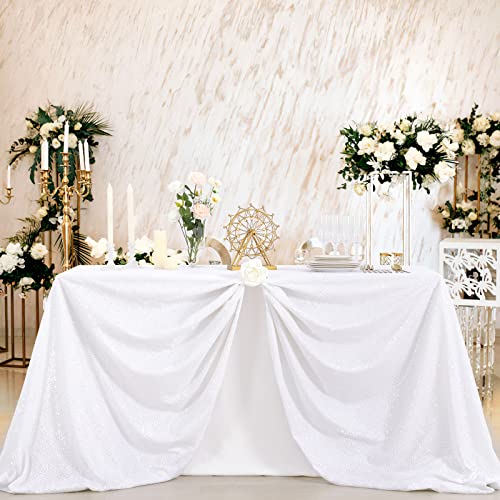 Image of B-COOL White Tablecloth Rectangle Sequin Table Overlays 90x156inch White Rectangular Table Drape for Parties Weddings Kitchen Glitz