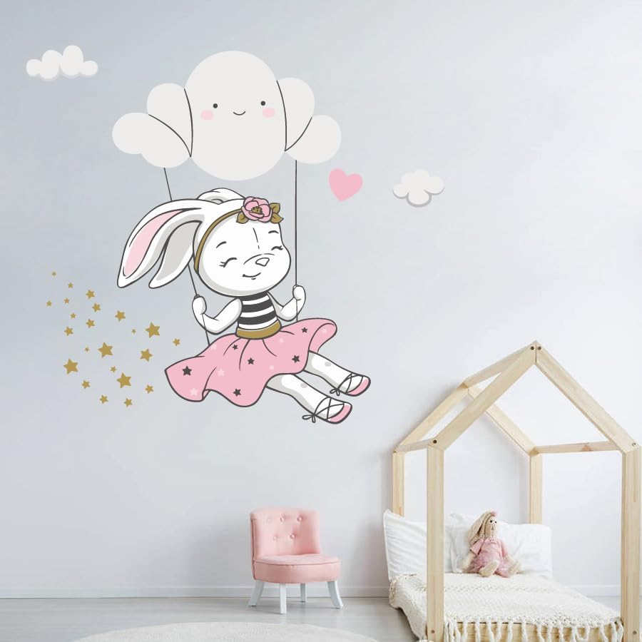 Cute Bunny Kids Wall Stickers Stars Clouds Wall Decals Nursery Baby Kids Room Décor