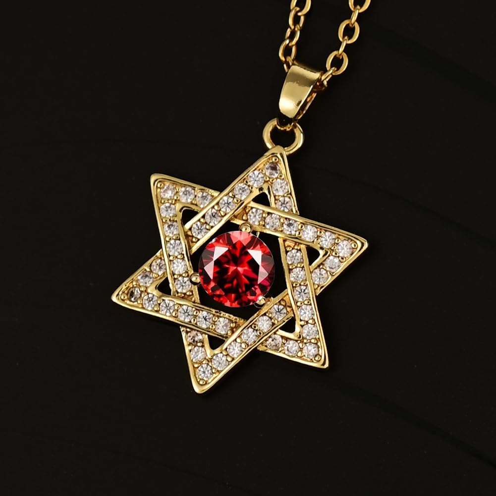 Collar con estrella de David: delicado colgante con piedra natal pequeña | Cruz Collar con estrella judía de seis puntas, joyería diminuta de oro de 14 quilates para mujer