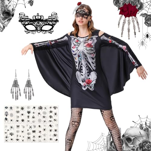 IEEILULU Disfarce morcego mulher, Halloween disfarce de senhora aranha, costumes morcego mulher com máscara de aranha, meias, ganchos para o cabelo e brincos (Esqueleto, XL)