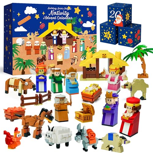 Calendario de Adviento 2025 – Juego de bloques de construcción de 24 días para niños, caja de regalo de cuenta regresiva de Navidad con figuras de belén, juguetes de construcción de vacaciones para