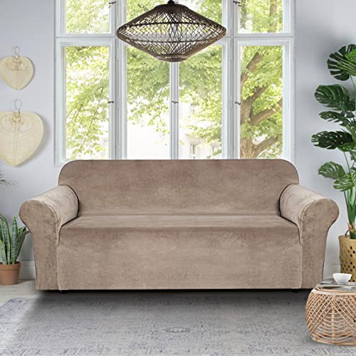 Enova Floral Sofa Slipcover Couch Covers, Ultra Soft Thick Stretch Velvet Fabric Sofa Slipcover 3 Seater Couch Covers, Sofa Durable Furniture Protector For Living Room (Taupe) #TOP1