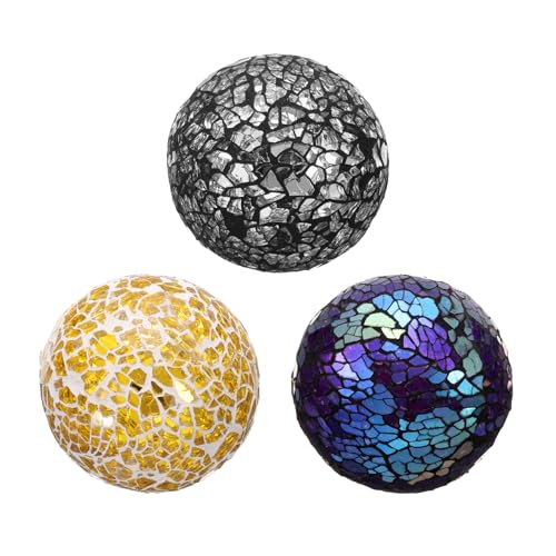 sourcing map 3Pcs Decorative Glass Balls 2.36 Inch Orbs Centerpiece Balls Mosaic Glass Ball Sphere for Decor Bowls Vases Dining Table Party, Silver Black, Gold Tone, Purple