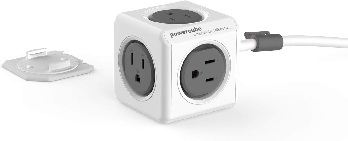 Allocacoc Power Strip, PowerCube |Extended|, 5 Outlets,5ft Cable, Surge Protection, Mounting Dock, Removable Tape, Compact for Travel, Home and Office, Space Saving, ETL Certified