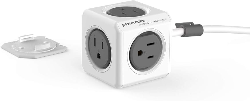 Allocacoc PowerCube Extended Gray Power Strip, 5ft Cord 5 Outlets, Compact Desktop Charging Station, Mounting Dock, Space Saving Surge Protector for Home Office Dorm Travel, ETL Certified