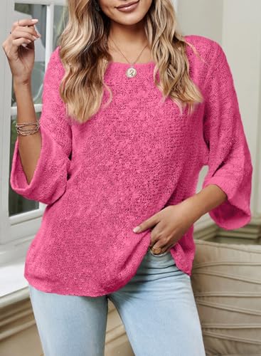 Image of Dokotoo Womens 2026 Spring Summer Casual Crewneck 3 /4 Sleeve Striped Lightweight Knit Trendy Boho Tops Pullover Sweaters