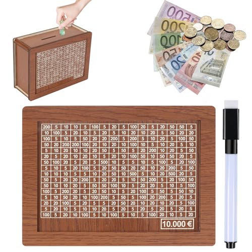 pangutheos Hucha 10000 Euros, Caja Ahorro Madera con Rotulador Borrable Huchas para Ahorrar on Objetivos de Ahorro y Marcadores Numéricos Adecuado para Adultos Niños