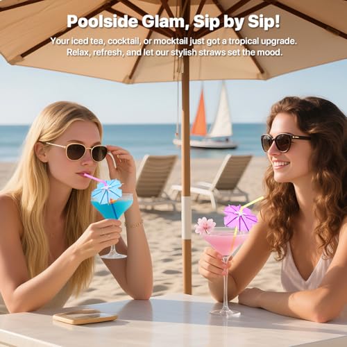 WELLFAR Fun Umbrella Drink Straws, Tropical Cocktail Straws with Mini Umbrella, Tiki & Hawaiian Party Decorations, Colorful Parasol Straw for Margarita, Pina Colada, Mojito, Summer Beverages. 50 PCS