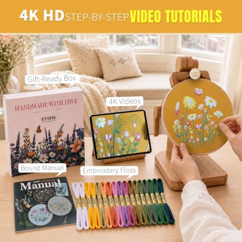 Image of ETSPIL Embroidery Kit for Beginners, 2 Hoops, 4K Video, 4 Floral Patterns | Stitch Side by Side. Lines Fade as You Stitch. All Tools Included. Easy to Start, Weekend Family Craft