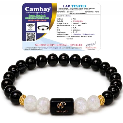 Fensio Scorpio Zodiac Crystal Bracelet (वृश्चिक राशि) | Certified Black Obsidian & Milky Quartz Natural Healing Birthstone Bracelet | Vrishchik Rashi Astrology Bracelet for Protection, Balance & Positive Energy | Best Gift Item for Men & Women