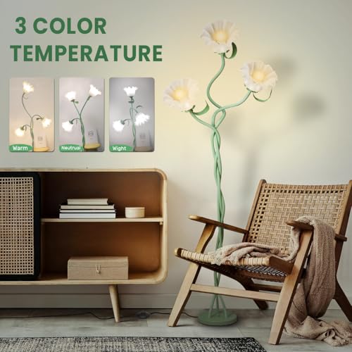 Vintage 3 Heads Flower Floor Lamp for Living Room,3 Color Modes LED Modern Corner Standing Lamp with Goosenecks, Bright Tall Cute Dimmable Lamp for Kids Reading Girls' Bedroom Office Home Decor(Green)