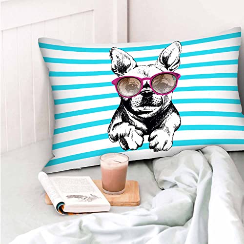 Mugod Cushion Cover Case French Bulldog With Sunglasses On Blue Lines Background,Decorative Throw Pillow Case For Sofa Couch Bed Chair,20X30 Inches #TOP5