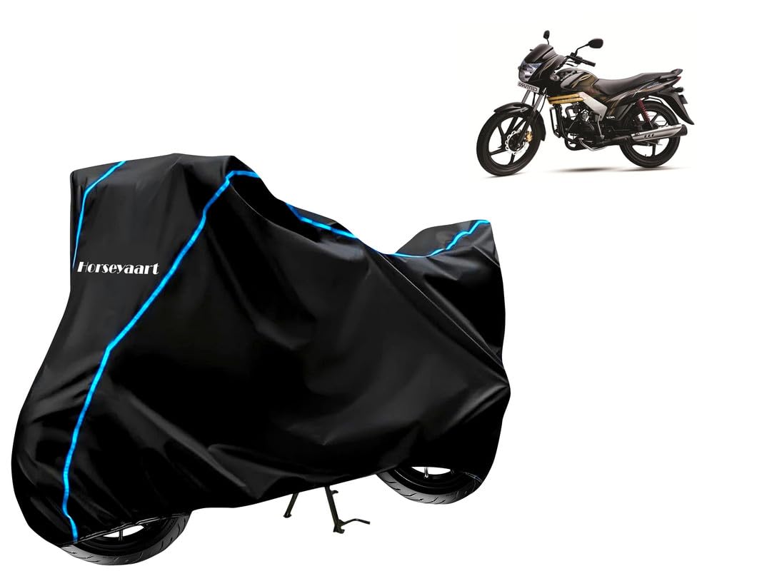 Horseyaart - Bike Cover Water Resistant Compatible with Mahindra Centuro XT Bike Cover with Elastic and Belt Bukle Lock with Stripe Piping Design (Black and Blue)