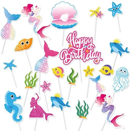DPKOW 23pcs Sirène Gâteaux Décorations Anniversaire pour Filles Enfants, Happy Birthday Cake Topper de Sirène Cupcake Topper de Gâteaux de Anniversaire Fournitures