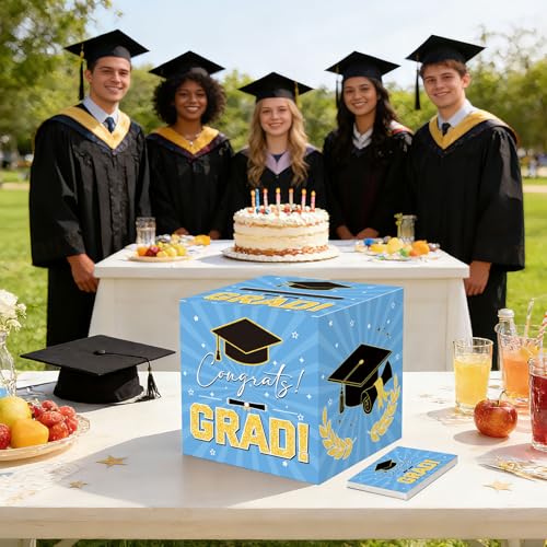 Image of Graduation Card Box Graduation Decorations 2026 Grad Card Box for Gift Graduation Party Favors Decor Party Supplies (Blue, 50 Cards)