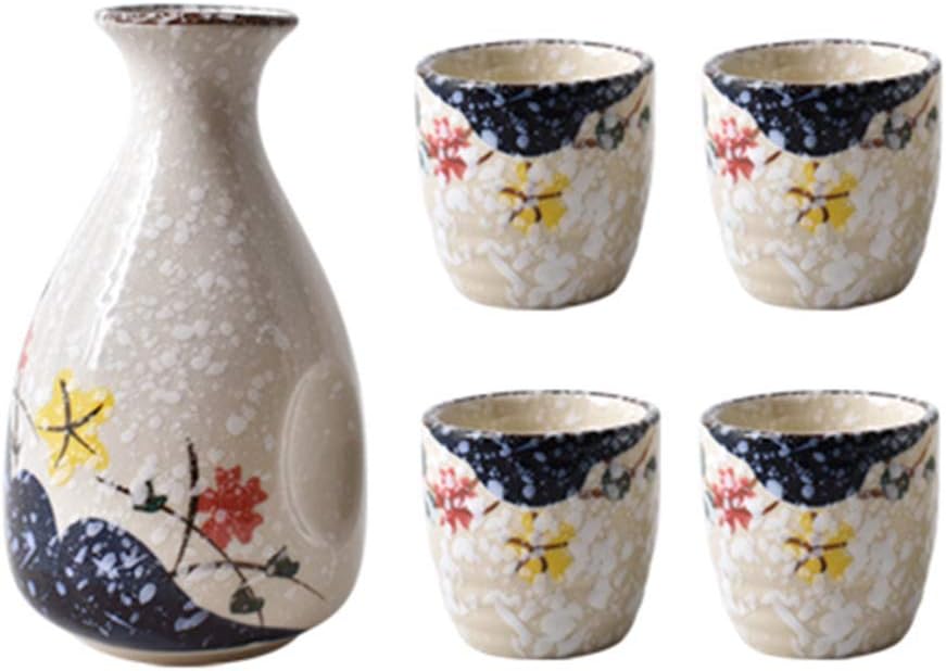 5-Piece Sake Set, Quaint Snowflake Glaze Ceramic 11oz Wine Glass Set, Unique Elegant Flowers Design, for Cold/Warm/Shochu/Tea, Best Gift for Family and Friends-Tea Service