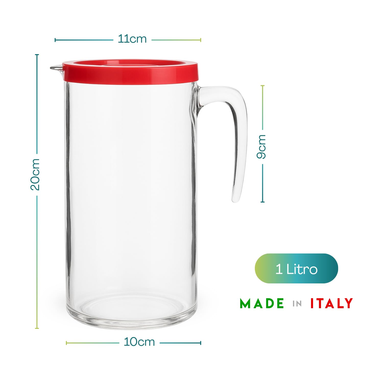 PALUPLUS 12 Caraffe da Tavola in Vetro con Coperchi Rossi da 1 Litro, Misura 10x20 cm, Brocca trasparente con Manico e Beccucio Antigoccia, per acqua, bevande, Lavabile in lavastoviglie -5012F -10,2