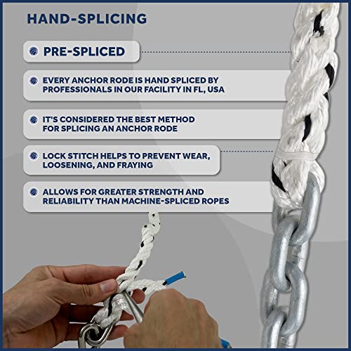 Five Oceans Windlass Anchor Rode, Hand Spliced Rope And Chain Combination, 1/2" X 150' Nylon 3-Strand Rope, 1/4" X 15' G4 Hot-Dipped Galvanized Steel Chain - Fo4522 #TOP2
