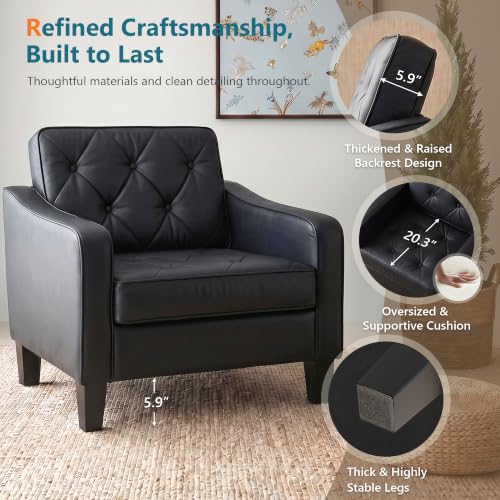 Image of Black Accent Chairs Set 2, Faux Leather Armchair, Mid Century Modern Lobby | STHOUYN Waiting Room Chairs, Tufted Back Upholstered, 330LBS Capacity, Office Guest Chairs Living Room Bedroom