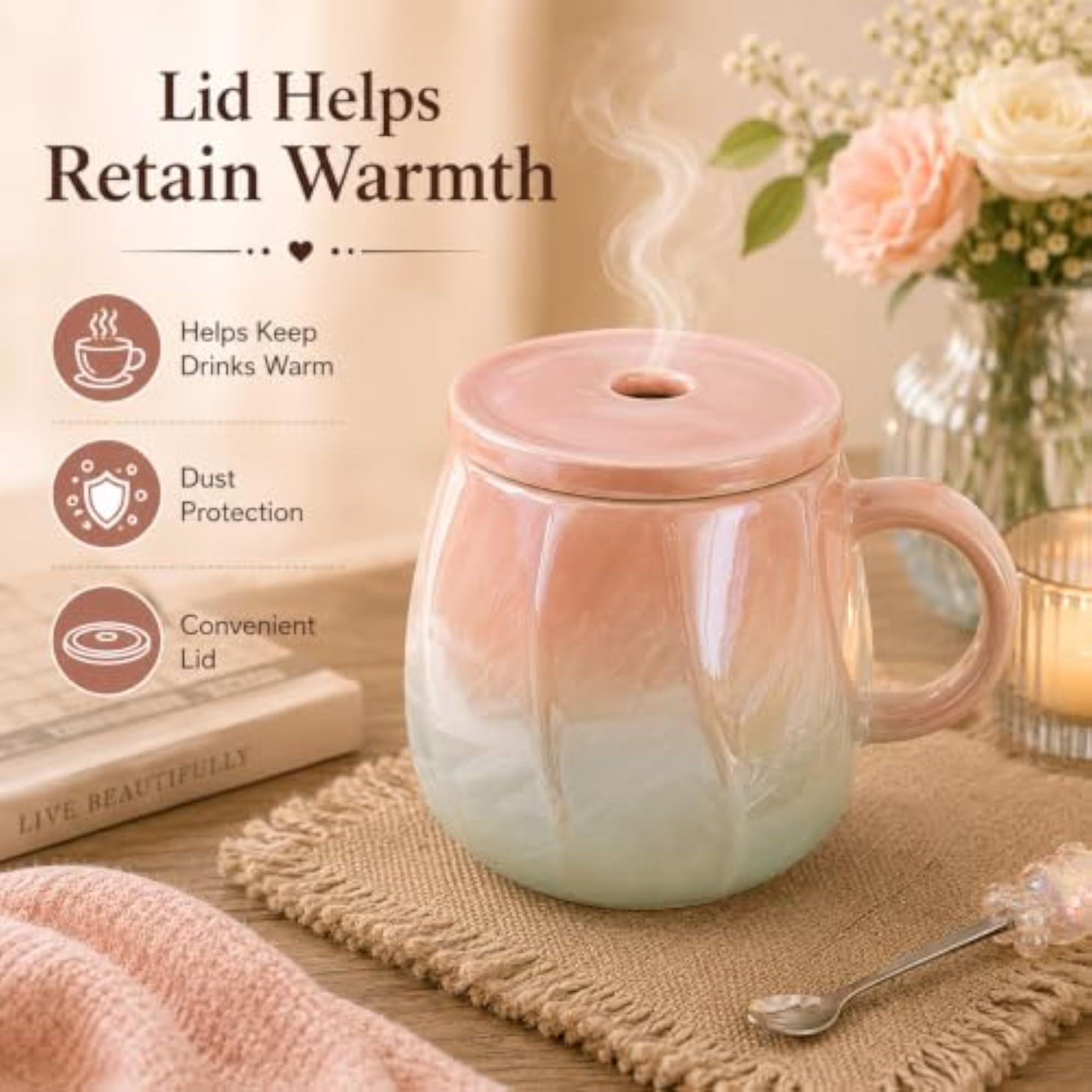 Ceramic Coffee Mug with Lid & Spoon, Gradient Design