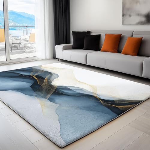 Alfombra Suave - Alfombras Salon habitación Infantil Lavables, Comedor, Cocina, Habitación - Detalles Ondulados Y Dorados De Moda, Fácil de Cuidar - Alfombra Rectangular 60 x 90 cm, Multicolor