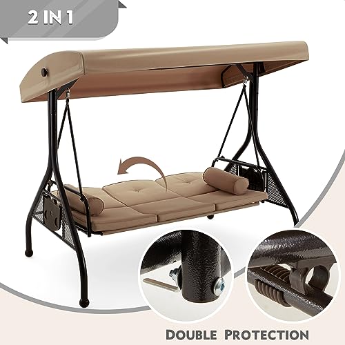 Image of HOMREST 3 Seat Outdoor Porch Swing with Adjustable Canopy, Convertible Patio Swing Bed with Stand, Patio Glider Swing with Upgraded Cup Holder, Thicken Cushions ＆ Pillow for Backyard(Brown)