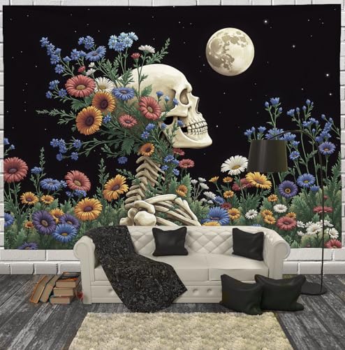 Tapisserie murale pleine lune crâne et fleurs gothique romantique en tissu noir 200x150cm