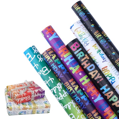 6 Hojas de Papel de Regalo Cumpleaños, Papel para Cajas de Regalo Cumpleaños Multicolor y Ecológico, Papel de Regalo...