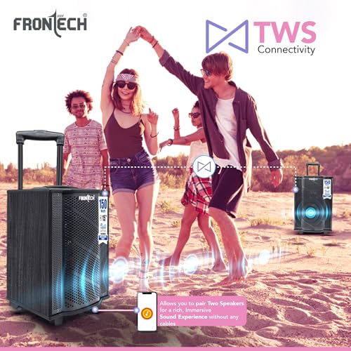 Image of FRONTECH Nocturn Pro Trolley Speaker | 150W Powerful Sound | Dual Wireless Microphones | USB /TF /Bluetooth /FM | Guitar & MIC Input | Rechargeable Battery (SW-0211, Black)