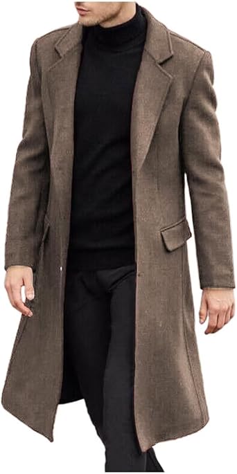ONAXTDA Mens Wool Blend Overcoat Single Breasted Pea Coat Notched Lapel Knee Lenght Casual Long Jacket
