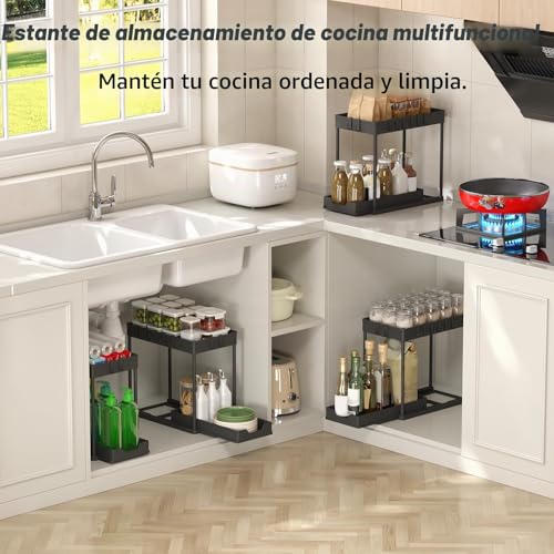 Miniatura 8 de Meltrck 2 Paquete Organizador Cocina 2 Niveles Para Debajo Del Fregadero - Organizador Extraíble Estante Almacenamiento Debajo Fregadero Con 16 Ganchos,Negro