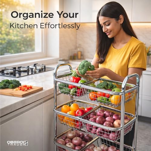 Image of OBEROI'S TRADERS Stainless Steel Vegetable & Fruit Storage Rack with Wheels, Kitchen Storage Basket Organizer, Rust Proof Stand for Onion, Potato, Fruits & Vegetables Trolley (3 Rack with 6 Partition)