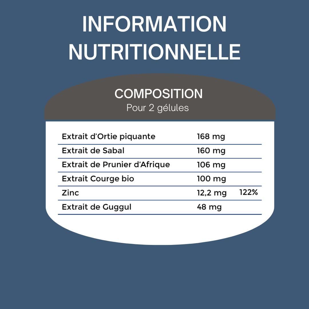 Formule Prostate et Confort urinaire - Contribue au bon fonctionnement de la prostate - Ortie, Palmier nain, Prunier d'Afrique, Extrait de Courge, Zinc - 100% Naturel - 60 gélules vegan.