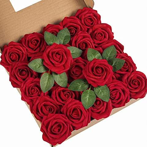 DuHouse 25Pcs Artificial Roses Flowers Fake Roses with Stems Real Touch Foam Flowers for DIY Wedding Bouquet Baby Shower Centerpiece Floral Arrangement Party Home Decor(Dark Red) Cover