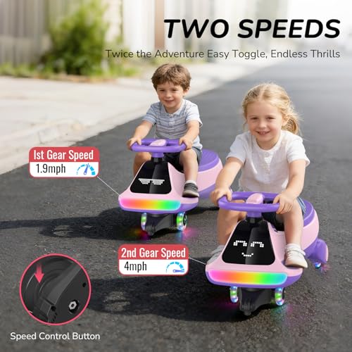Image of Umatoll 12V Electric Wiggle Car for Kids, Birthday Gifts Toy for Age 3+ | LED Expression Display, 2 in 1 Electric & Manual Riding Modes, RGB Lights, Bluetooth, 2 Speeds, Rechargeable Battery