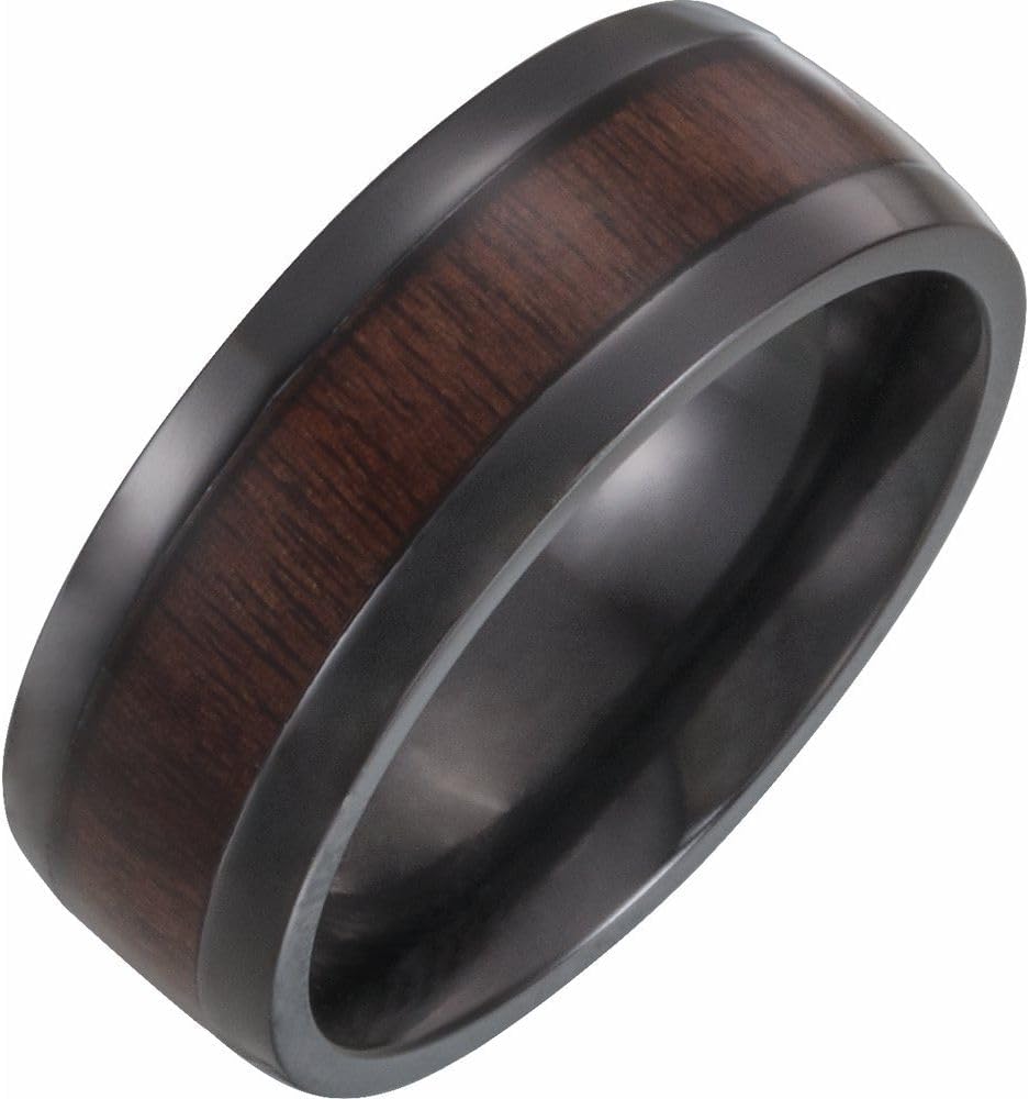 Black Solid Titanium 8mm Beveled Edge Wedding Band Ring Comfort Fit Wood Inlay - Size 11