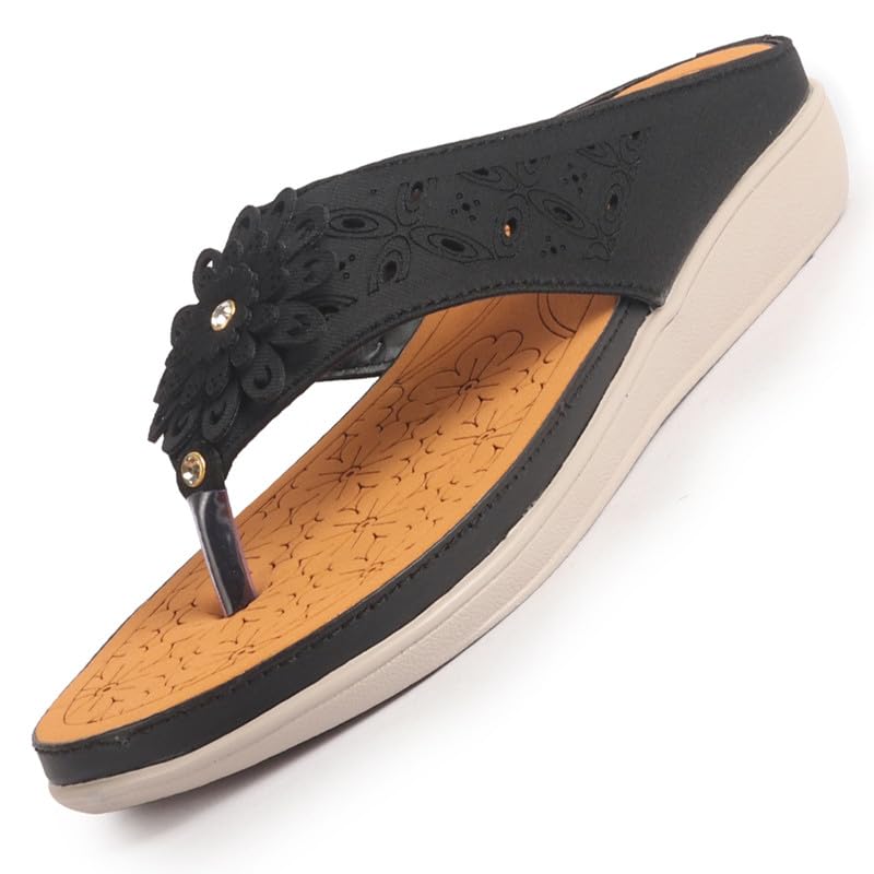FAUSTO FST FKAWC-19001 BLACK-39 Women Floral Design Orthopedic Cushioned Wedge Thong Slippers| Slip-On Open Toe Comfort Sandals for Casual, Daily Office Work Wear (5 UK)