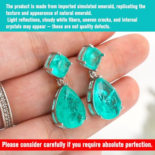 Paraiba Tourmaline Vintage Teardrop Dangle Earrings, Bridal Bridesmaids Statement Drop Jewelry for Women, Wedding Prom 2025 Trend, Silver-plated Metal Emerald Gemstone, Big Cocktail Fine Party Gift3