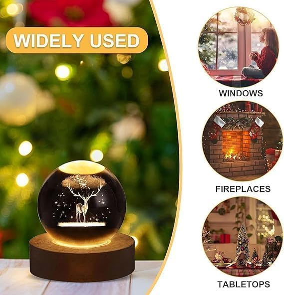 Image of Crystal Ball Lamp with Wooden LED Base | Engraved 3D Moon & Stars Night Light | USB Rechargeable Home Decor | Birthday Gift for Teens, Boys & Girls (3D Deer Lamp)