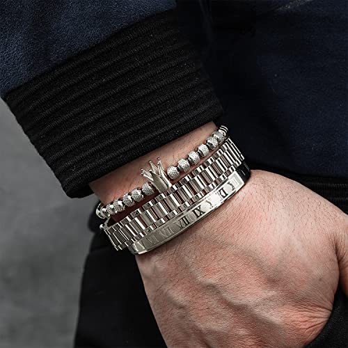 Funeia Stainless Steel Bracelets For Men, Gold Bracelets For Men, Imperial Crown Mens Bracelet Set Roman Numeral Bangle Bracelets (A:silver) #TOP1